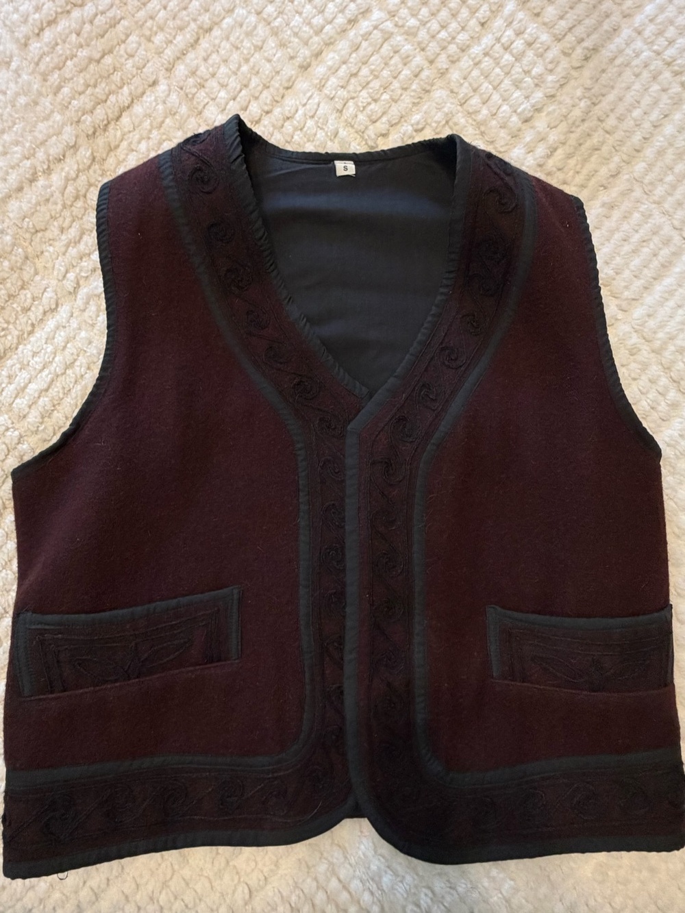 Wool hand made in Mexico  V-Neck Embroidered Vest - Dark Burgundy